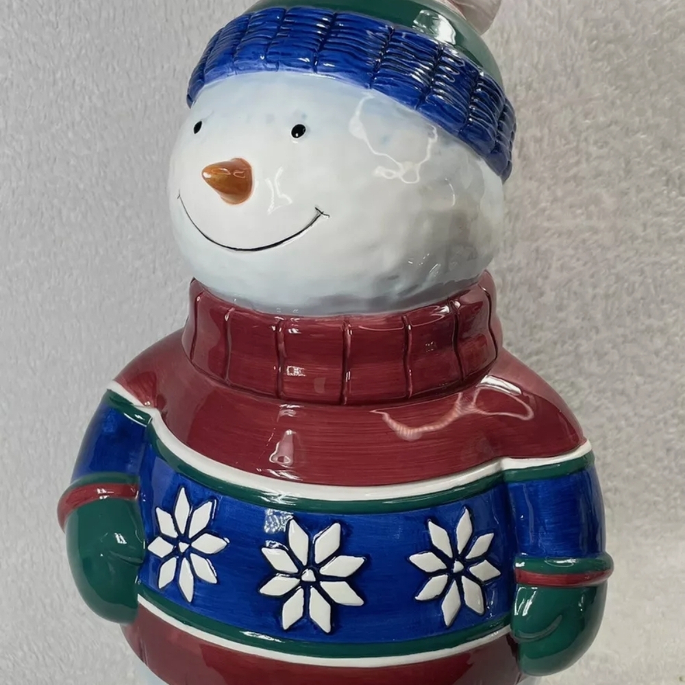 Festive Snowman Cookie Jar - Red, Blue, Green